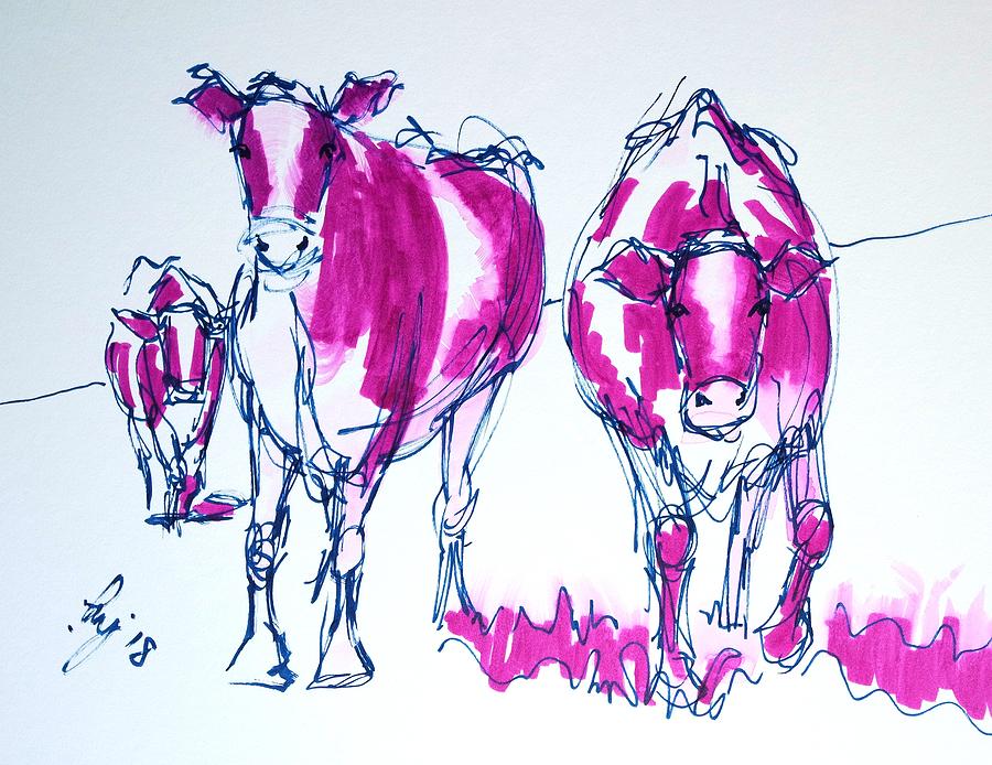 Purple Friesian Holstein cows drawing Drawing by Mike Jory