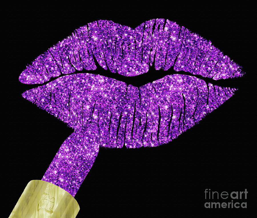 Purple glitter lipstick on pouty lips, fashion art Painting by Tina Lavoie