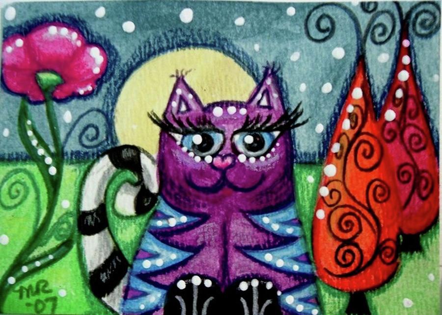Purple Kitty with Blue Stripes in Moonlight Painting by Monica Resinger