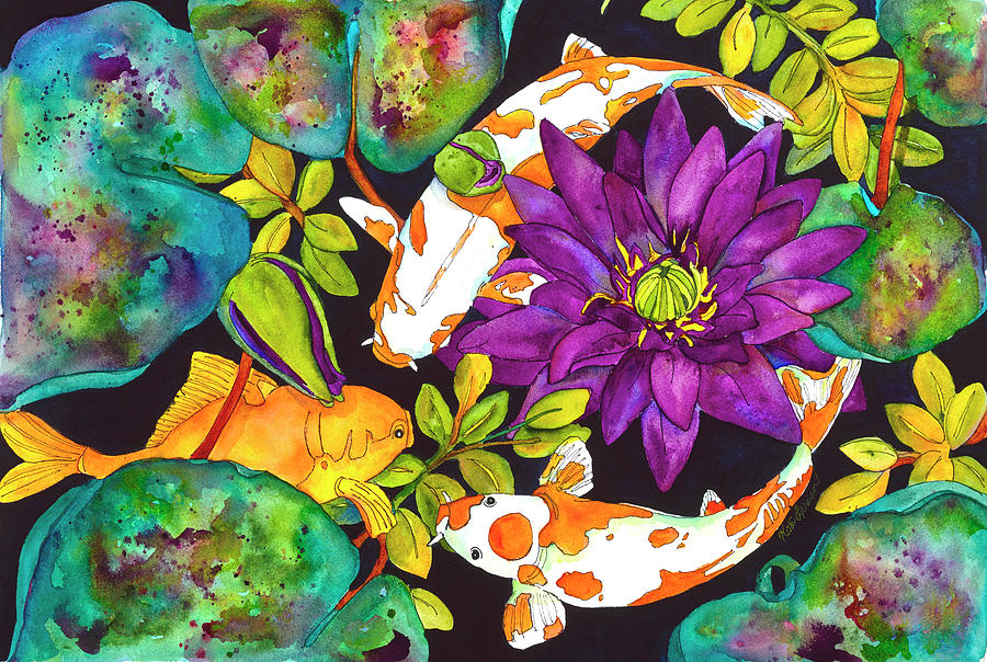 Koi Fish Painting - Purple Lily and Koi by Kate Larsson