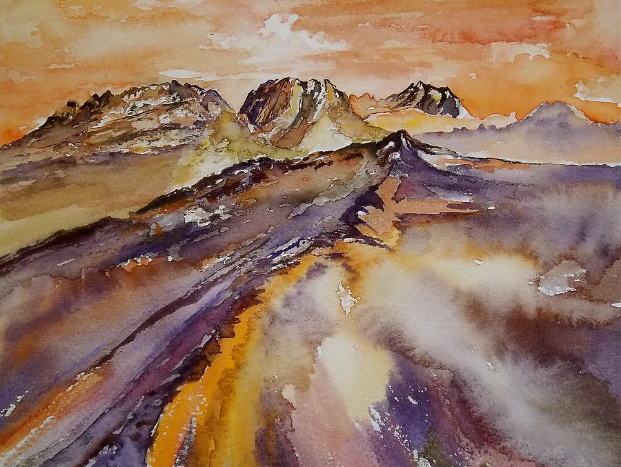 Purple Mountains In Orange Sky Painting by Carolyn Doe