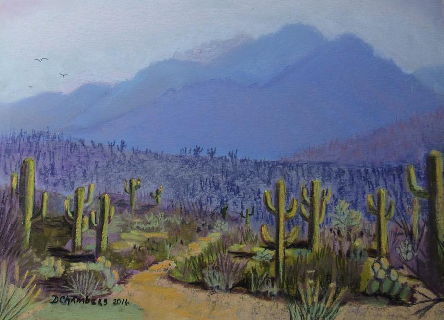 Purple Mountains With Cacti Painting by Donna Chambers