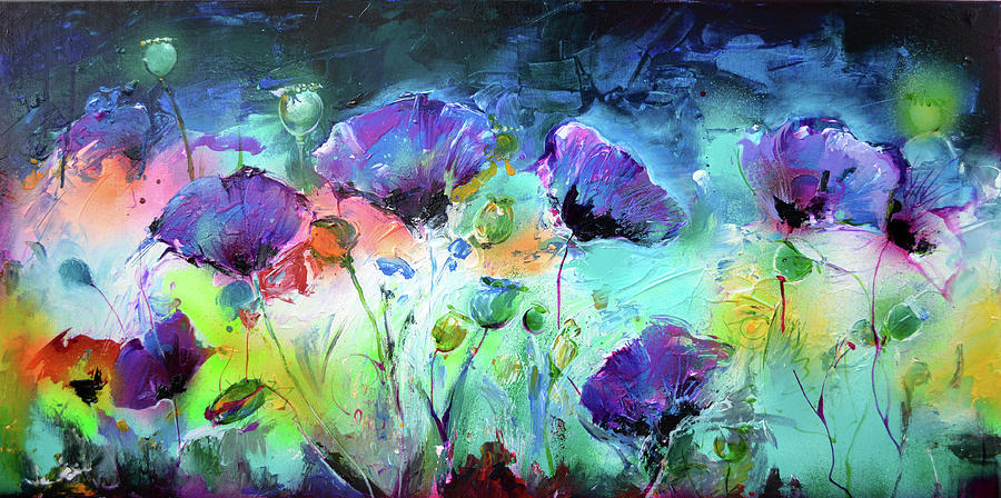 Purple Opium Poppy, Poppies Modern Painting Painting by Soos Roxana Gabriela