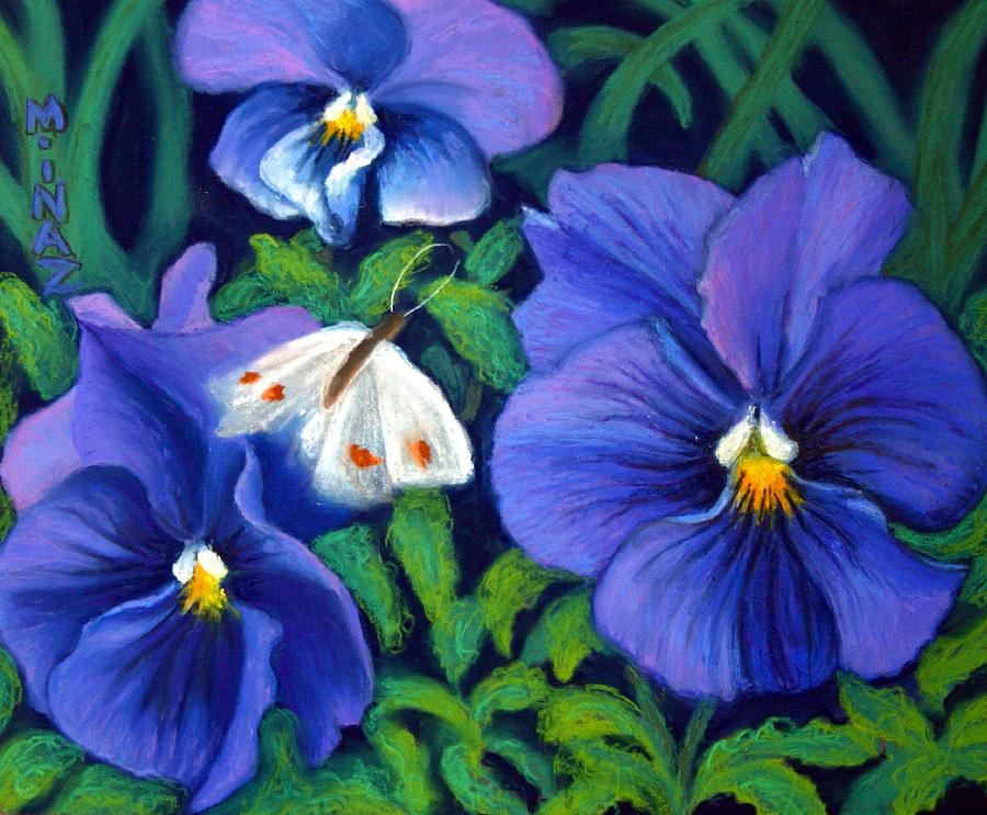 Purple Pansies and White Moth Painting by Minaz Jantz