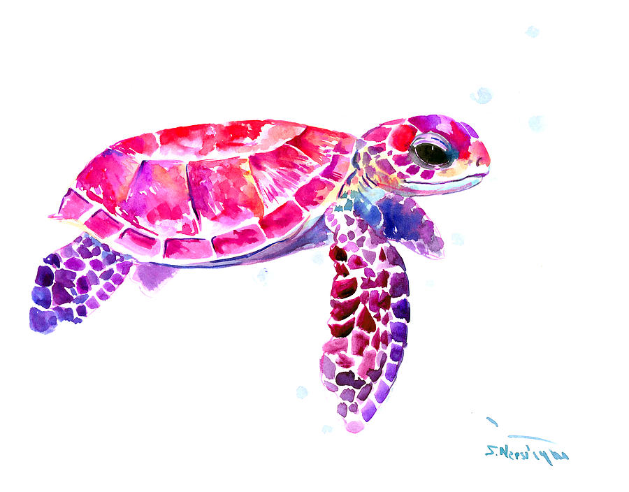 Purple Pink Sea Turtle Painting by Suren Nersisyan