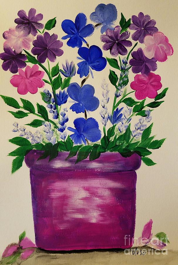 Purple Pot Of Flowers Painting by Maria Urso