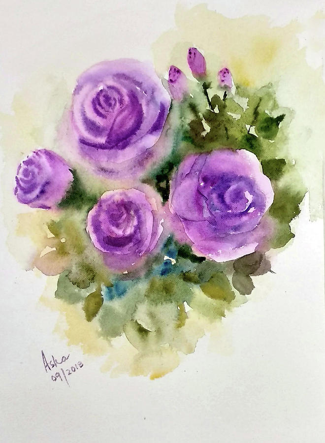 Purple roses Painting by Asha Sudhaker Shenoy