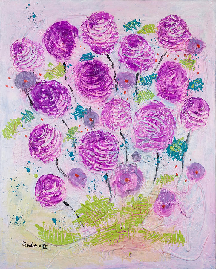 Purple Roses Painting by Teodora Totorean