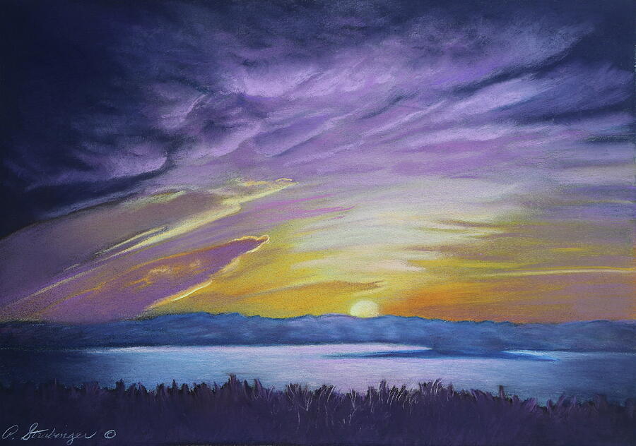 Purple Sky Over The Waters Painting By Patty Strubinger
