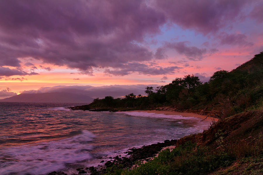 Sunset Photograph - Purple sunset of Makena Little Beach Maui Hawaii by Pierre Leclerc Photography