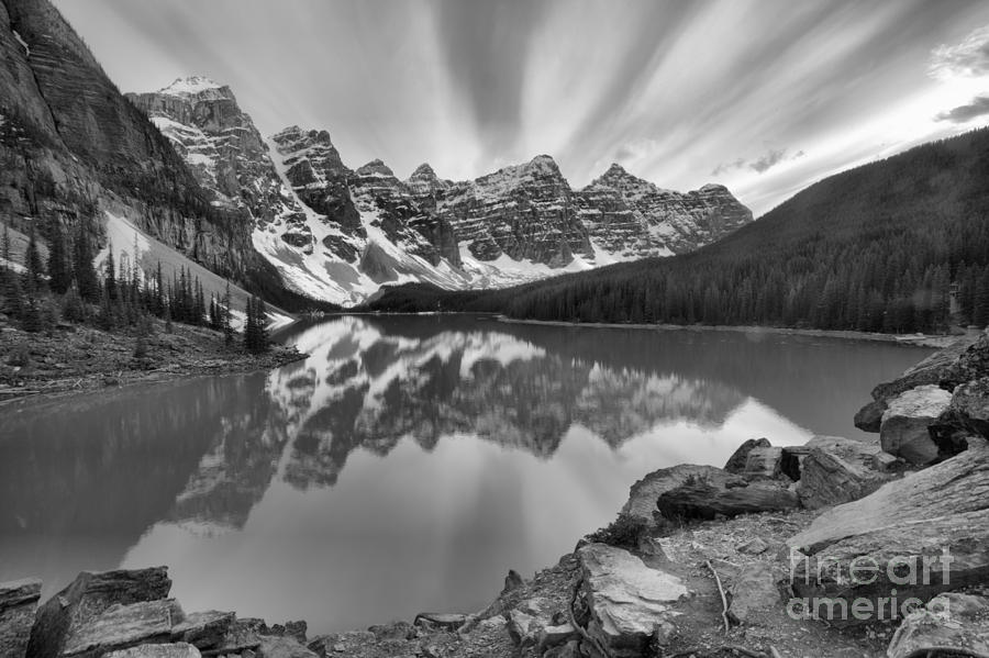 Purple Sunset Skies Over Moraine Lake Black And White Photograph by Adam Jewell