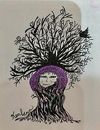Purple Tree Woman with Bird and Hearts A State of Mind Drawing by Kenlynn Schroeder