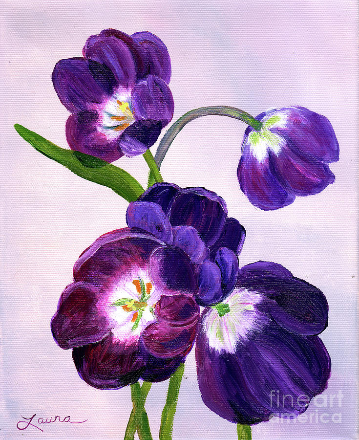 Purple Tulips on Gray Background Painting by Laura Iverson