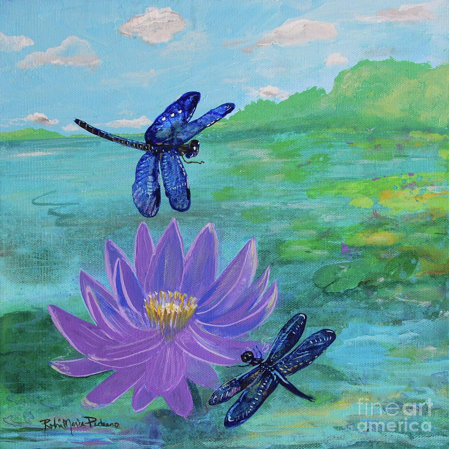 Purple Water lily and Dragonflies Painting by Robin Pedrero