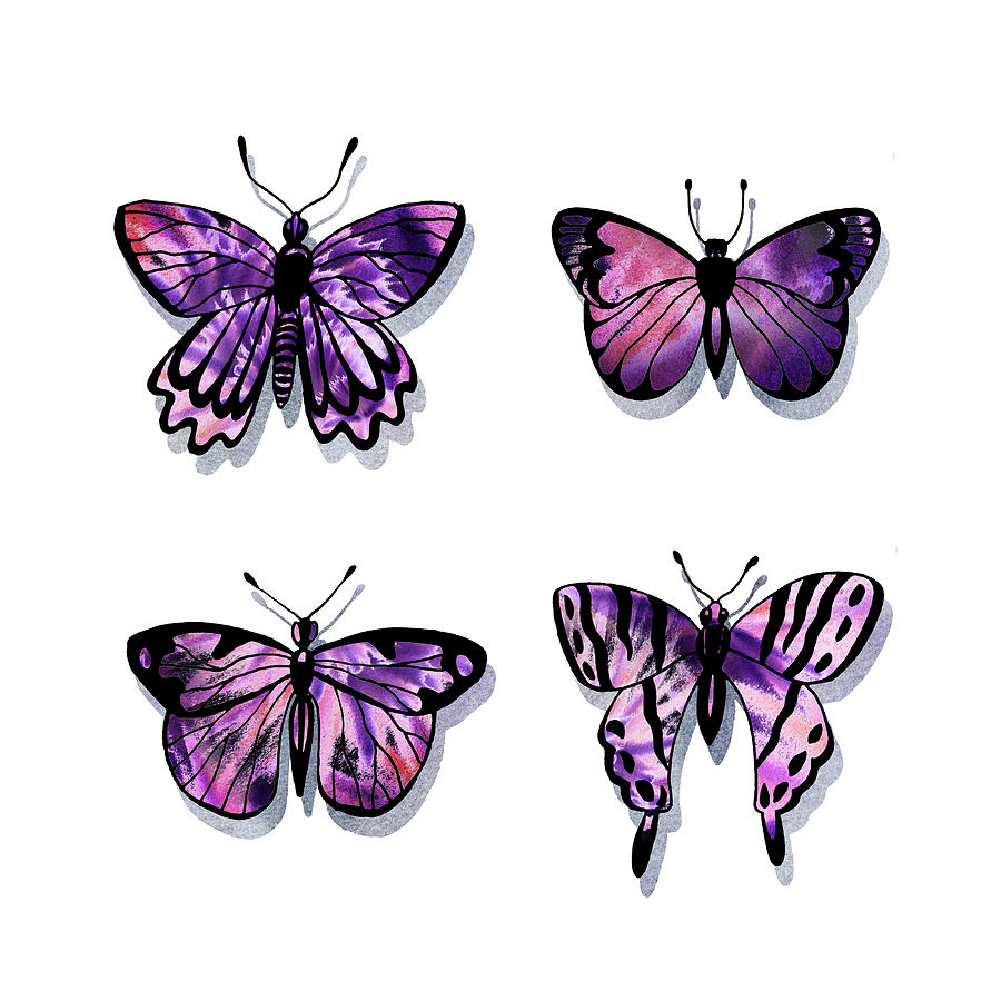 Purple Watercolor Butterflies Collection III Painting by Irina Sztukowski