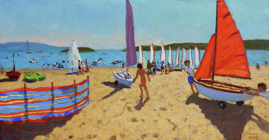 Boat Painting - Pushing out the boat, Abersoch by Andrew Macara