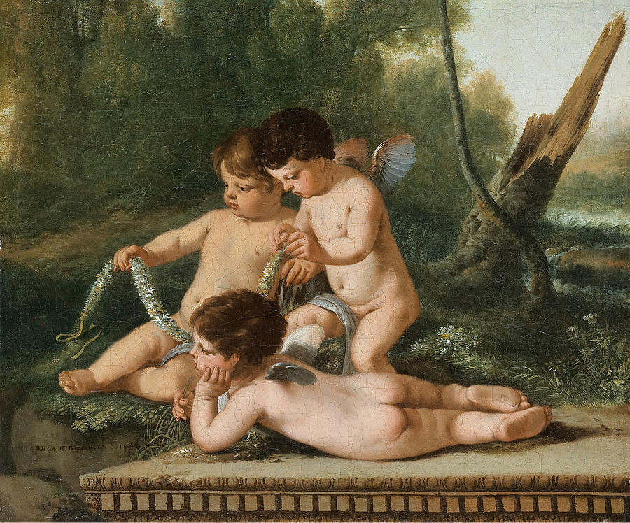Putti holding a Garland of Flowers Painting by Laurent de la Hyre