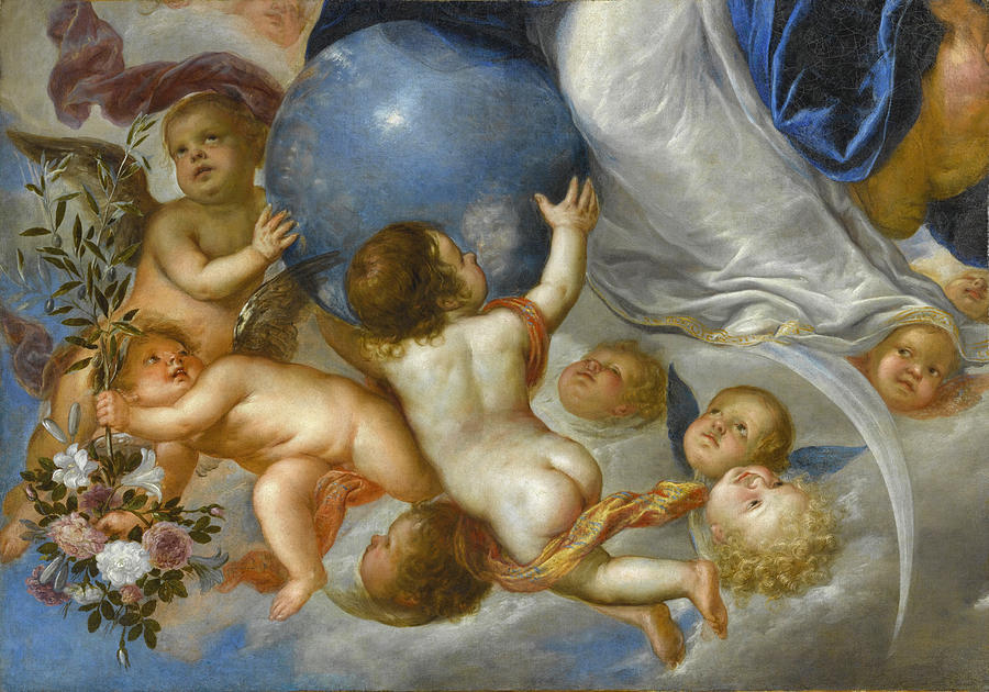 Putti holding flowers and an orb Painting by Antonio de Pereda
