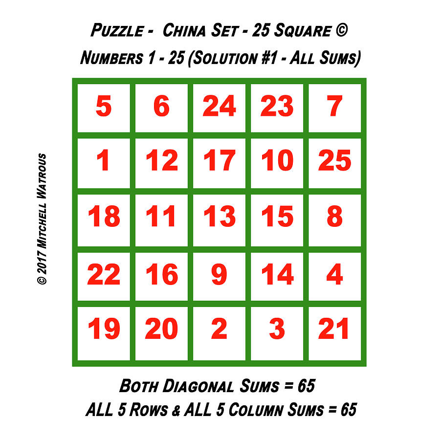 Puzzles - Magic Square 25 - Solution #1 Digital Art by Mitchell Watrous