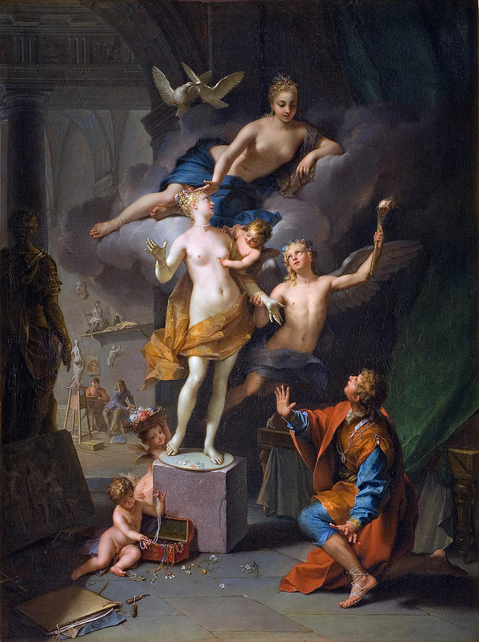 Pygmalion adoring his statue Painting by Jean Raoux
