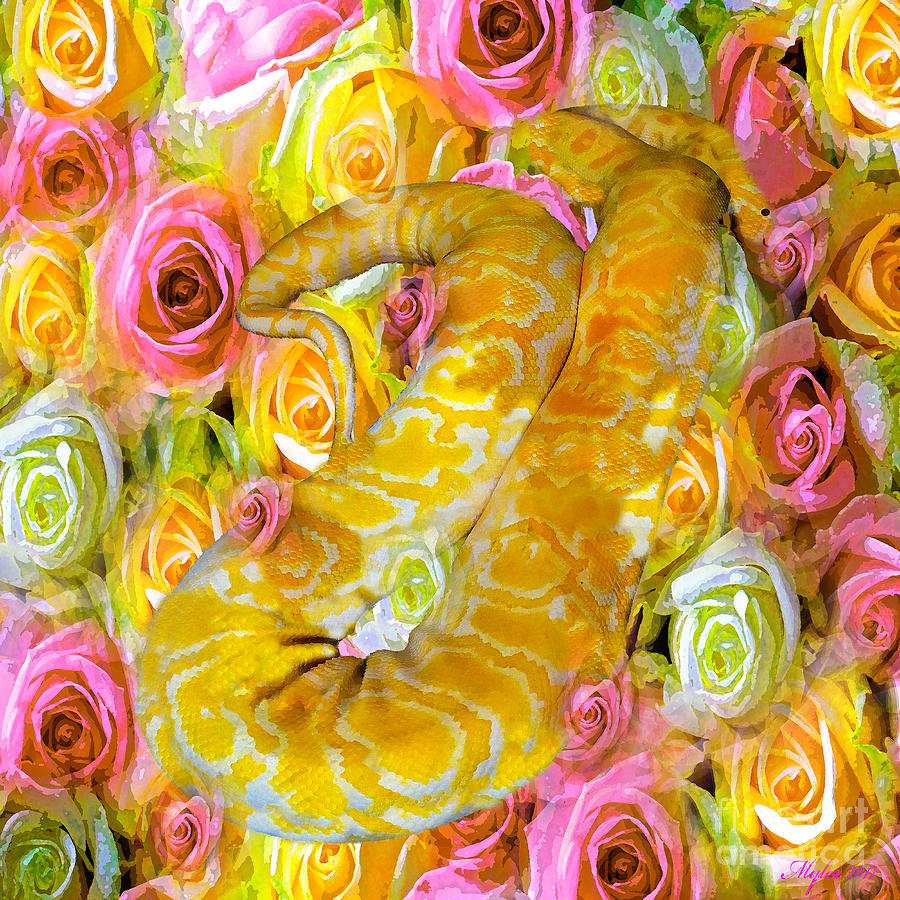 Python Snake And Roses Painting by Saundra Myles