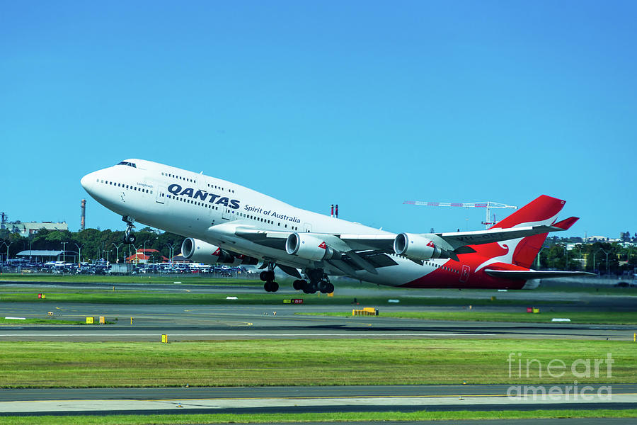Qantas 747 jumbo jet taking off at Sydney  Photograph by Andrew Michael