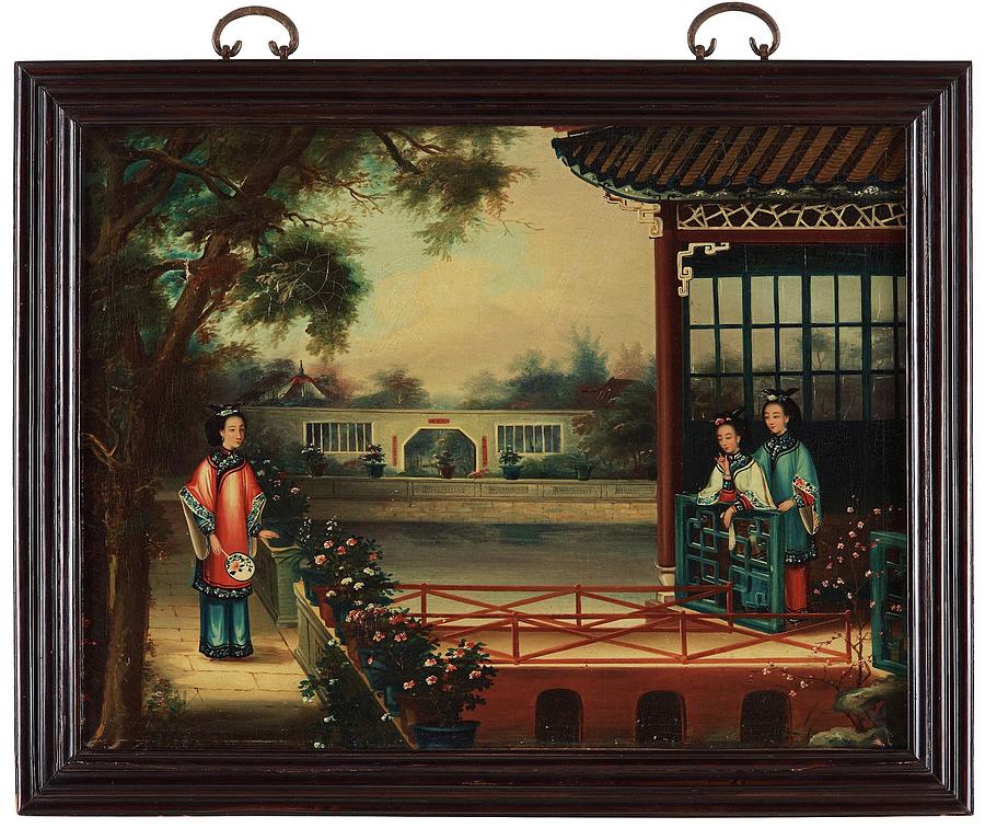 Qing Dynasty First Half Of The 19th Century Depicting Three Young   Qing Dynasty First Half Of The 19th Century Depicting Three Young Ladies In A Terraced Palace Gard Artistic Rifki 