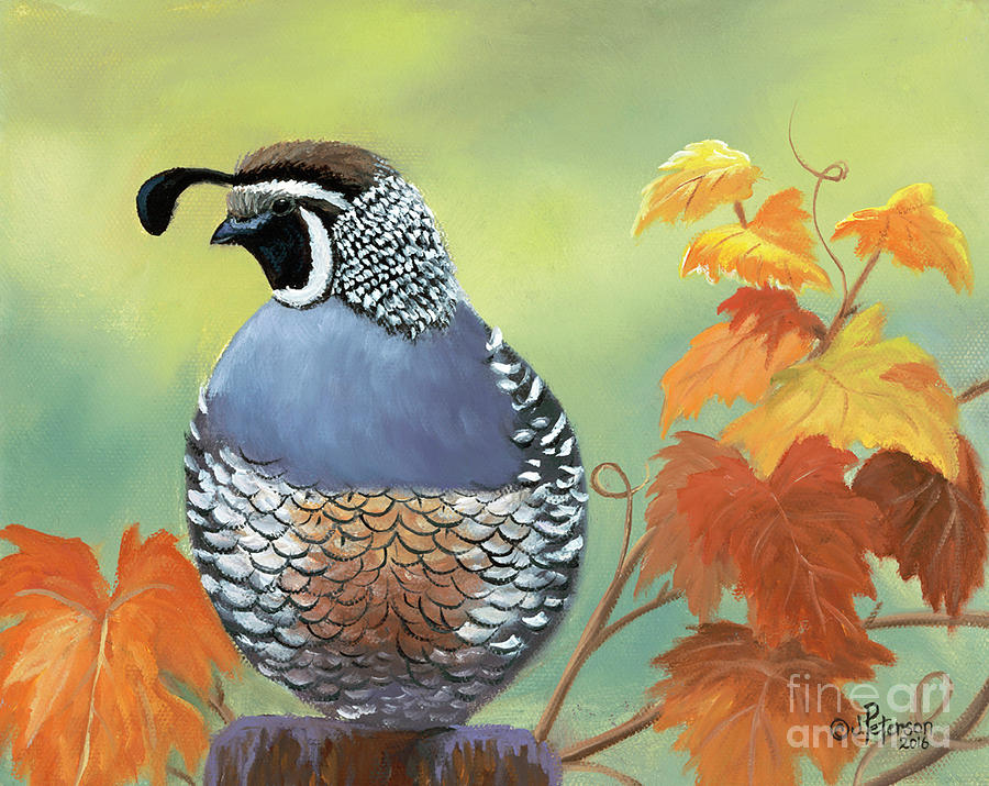 Quail and Fall Grape Vines Painting by Julie Peterson