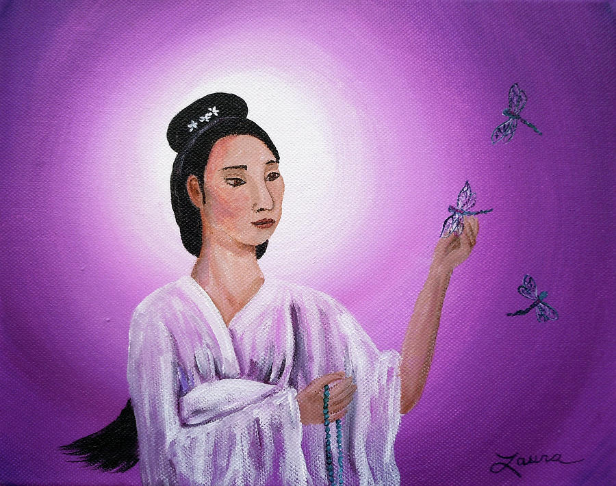 Quan Yin with Three Dragonflies Painting by Laura Iverson