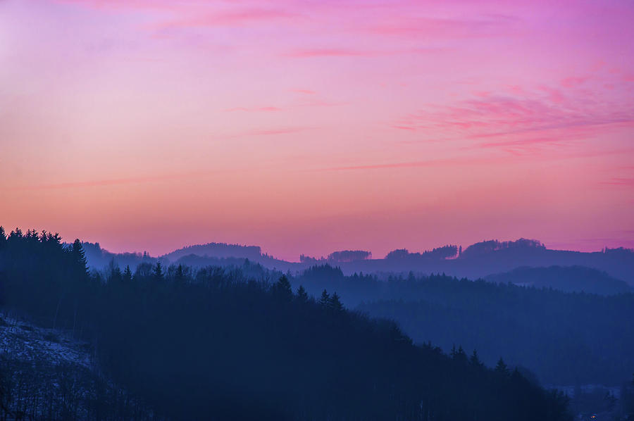 Quartz Sunset Sky over Blue Ridges of Mountains Photograph by Jenny Rainbow