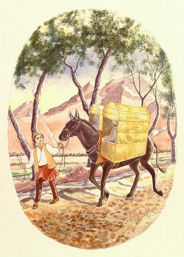 Tahirih Painting - Quddus and Tahirih travel from Badasht in a howdah by Sue Podger