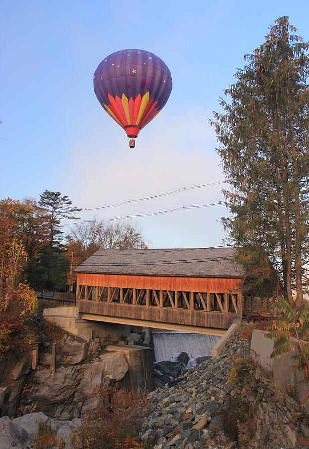 Quechee Vermont Covered Bridge and Hot Air Balloon Photograph by John Burk