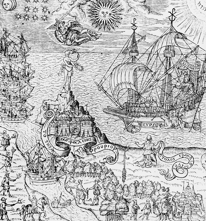 Black And White Drawing - Queen Elizabeth I on Board a Ship by English School