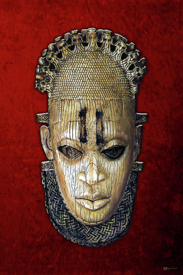 Queen Mother Idia - Ivory Hip Pendant Mask - Nigeria - Edo Peoples - Court of Benin on Red Velvet Digital Art by Serge Averbukh