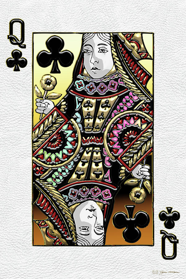 Playing Cards Digital Art - Queen of Clubs over White Leather  by Serge Averbukh