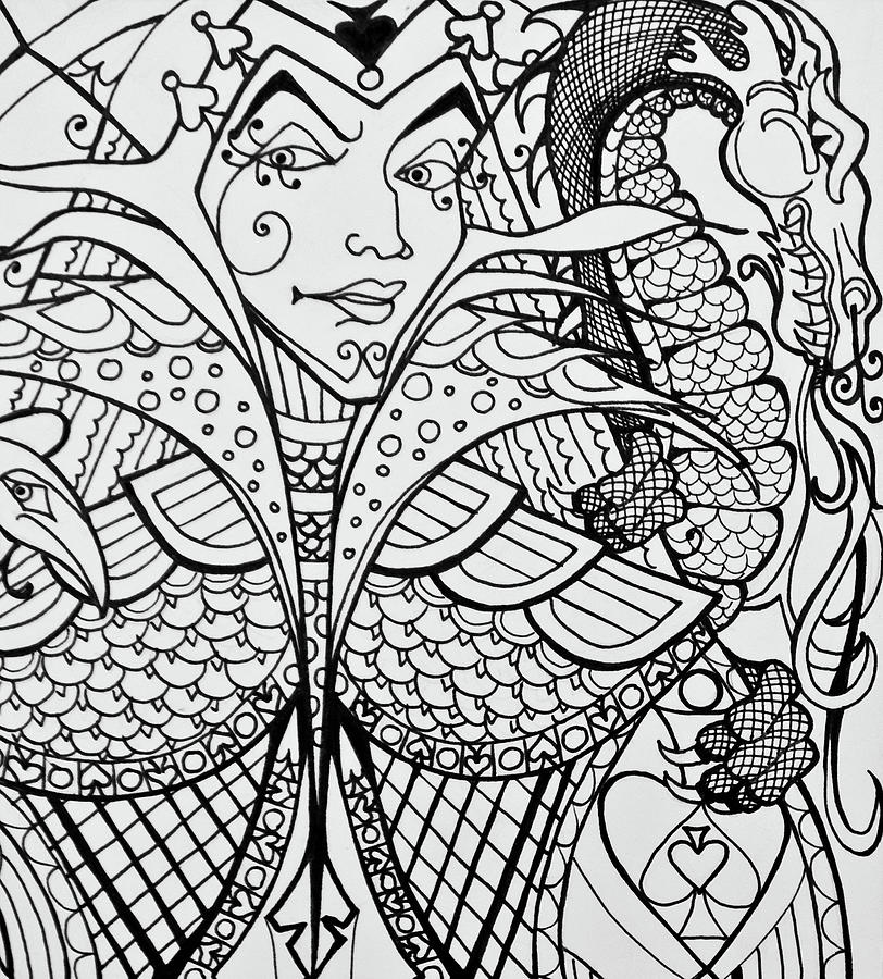 Queen Of Spades Close Up With Dragon Drawing by Jani Freimann