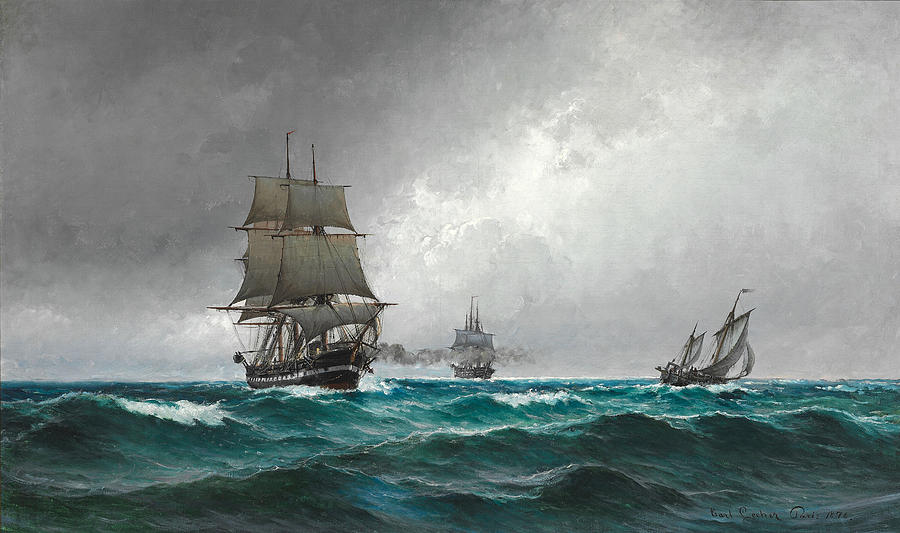 Quiet evening in the North Sea with the frigate Jylland surrounded by ships Painting by Carl  Locher