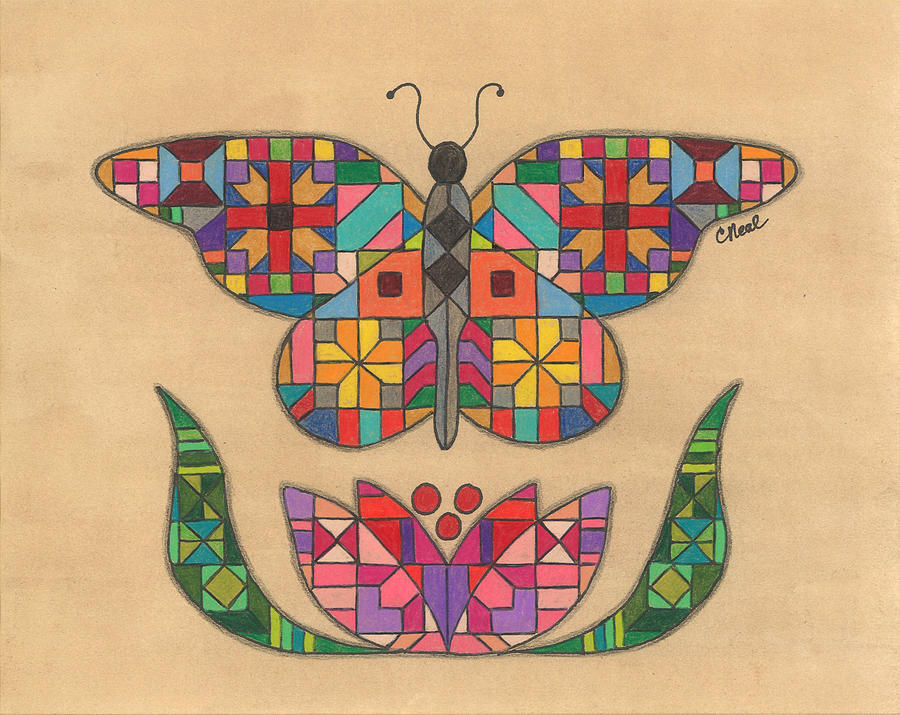 Butterfly Drawing - Quilted Butterfly by Carol Neal