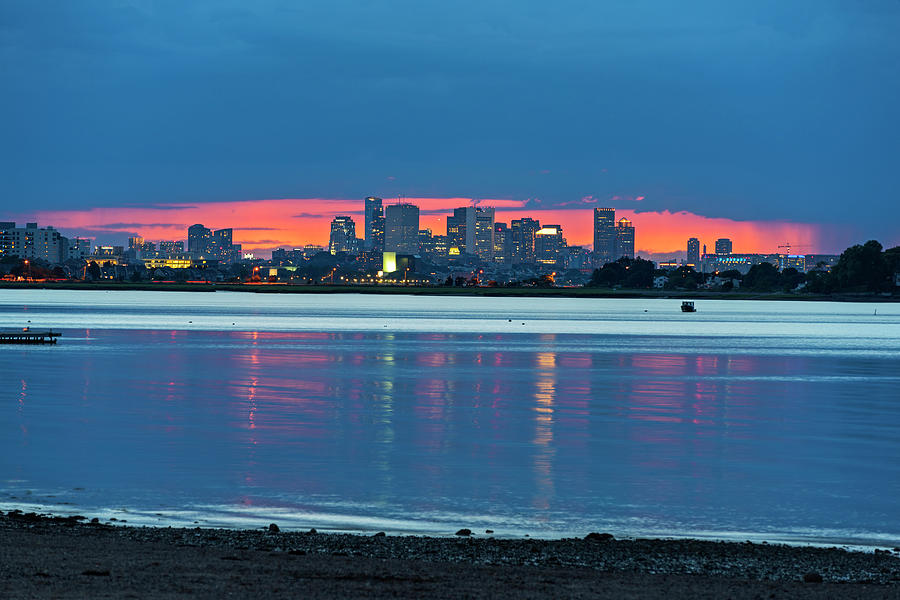 Quincy MA Red Sunset behind the Boston Skyline Wollaston Beach Photograph by Toby McGuire