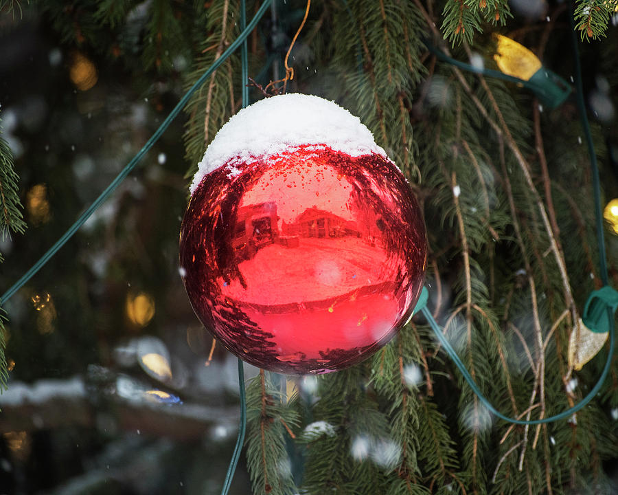 Quincy Market Reflected in a Christmas Ornament Boston MA Red Photograph by Toby McGuire