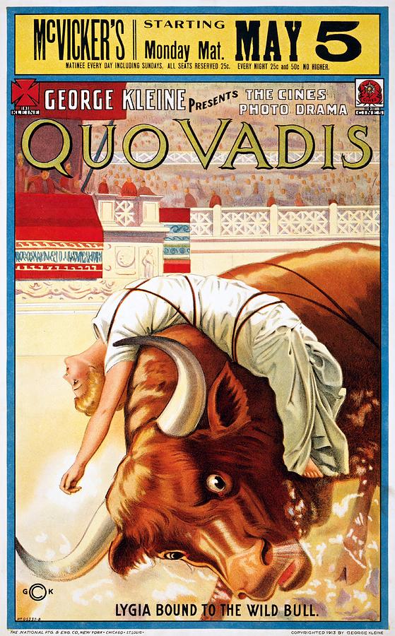 Quo Vadis, Lygia bound to the wild bull, movie poster, 1913 Painting by Vincent Monozlay