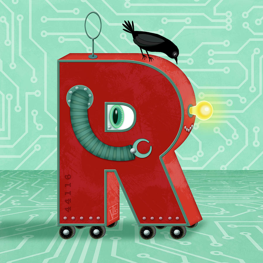 R is for Robot Digital Art by Valerie Drake Lesiak