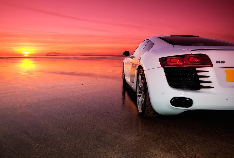 Sunset Photograph - R8 on a beach - side view by Rory Trappe