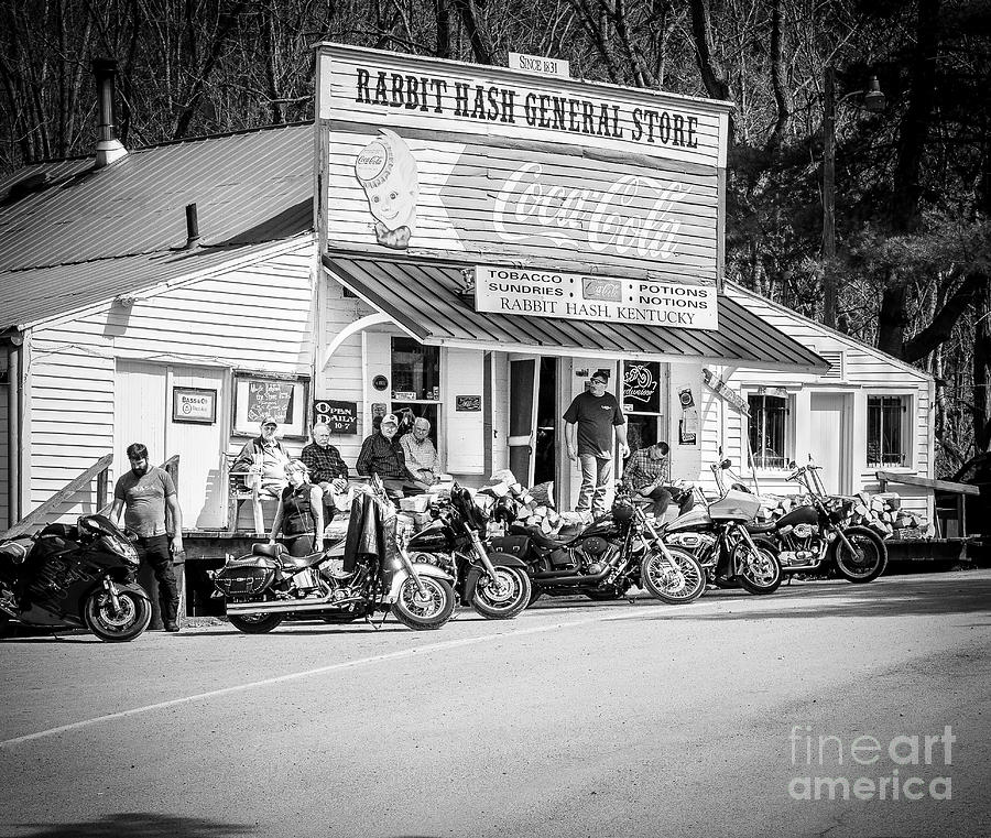 Rabbit Hash Store-Front View Bikers BW Photograph by Mary Carol Story