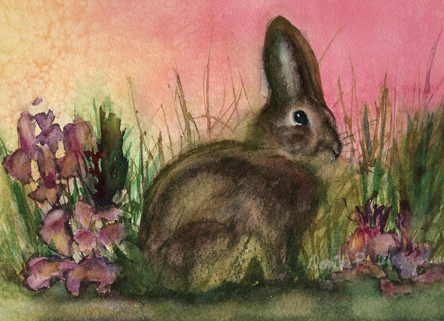 Rabbit in Flowers Painting by Denice Palanuk Wilson