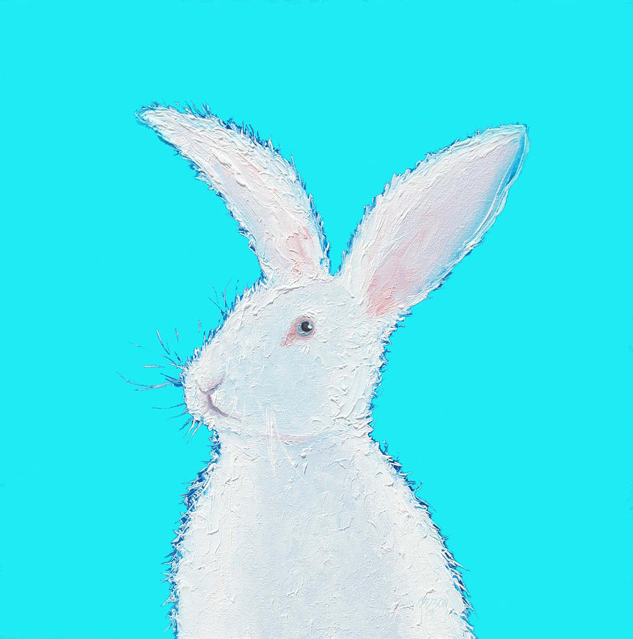 Rabbit Painting - White bunny on blue Painting by Jan Matson