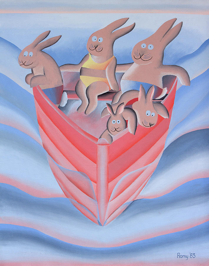 Rabbit Painting - Rabbits in Boat by Romy Muirhead