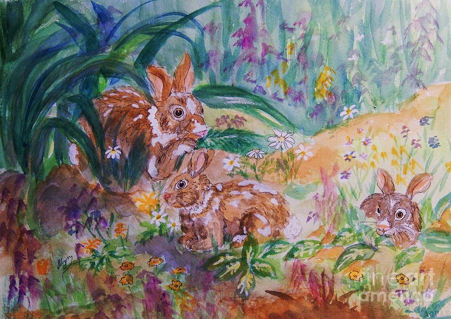 Rabbits In The Garden Painting by Ellen Levinson