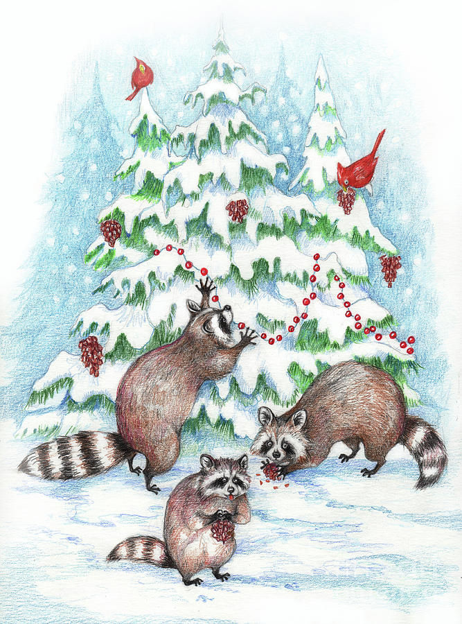 Raccoon Christmas Painting by Peggy Wilson