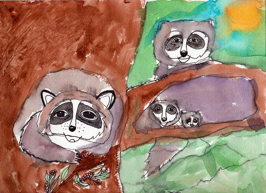 Wildlife Painting - Raccoon Family by Lucy Lu